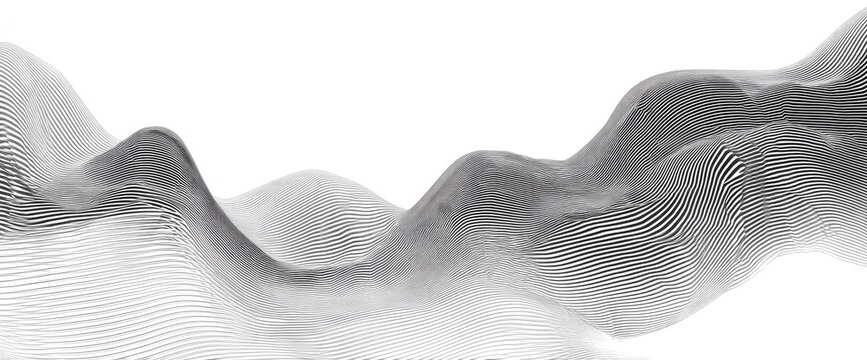 Abstract grayscale undulating form, resembling mountains, made of fine, parallel lines on a white background