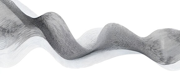 Abstract artwork of flowing wave shapes, grayscale lines blending against white
