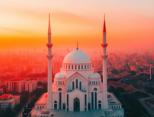 Fototapeta premium White mosque and minarets prominently standing over a sprawling city skyline at golden hour, symbolizing spirituality
