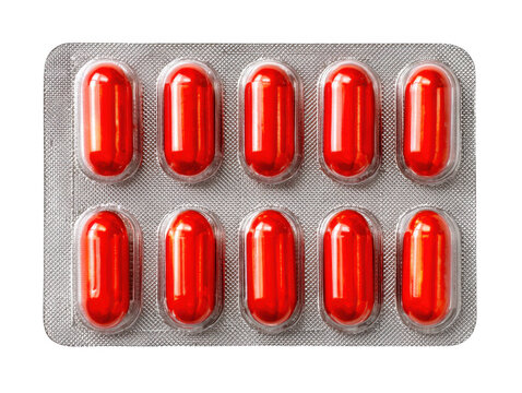Blister pack of red pills isolated on transparent background
