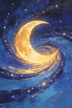 Golden Crescent Moon in Post-Impressionist Swirling Night