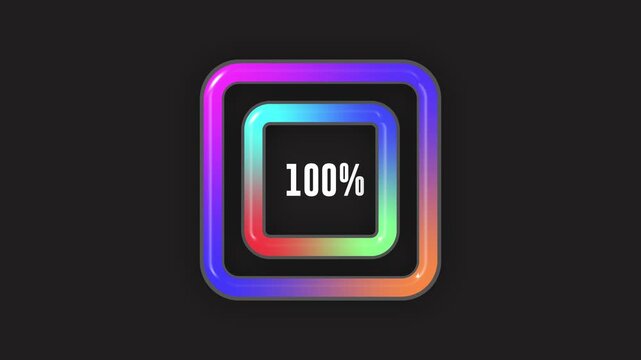 Loading indicator Progress bar 100%.Neon color, black background Percentage meter. UI, hundred percent User interface loading symbol. Download process. Circle icons set, loading circle download.