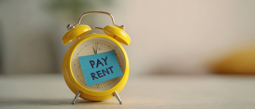 The alarm clock with Pay Rent sticky note reminding of overdue rent payment
