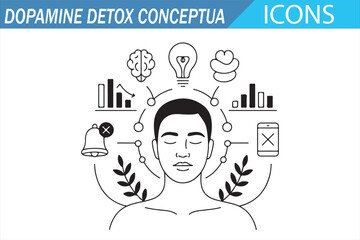 Fototapeta premium Digital Detox and Mindfulness Line Icons – Brain Balance Concept