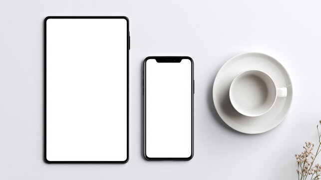 white background smartphone and tablet with white screen.
white screen for text.
mackup idea concept.