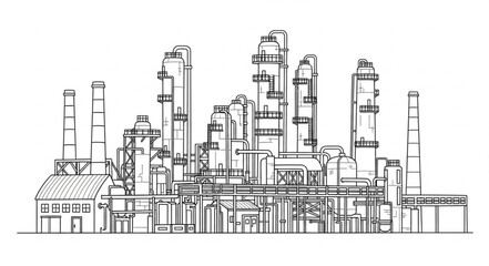 Industrial Factory Complex Line Drawing. © anton