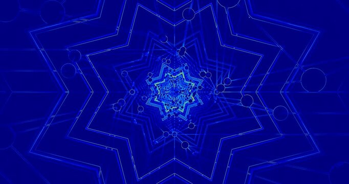 Bright neon tunnel with intricate geometric patterns moves in a loop at 60 frames per second. This visual creates a dynamic atmosphere perfect for screensavers and live wallpapers.