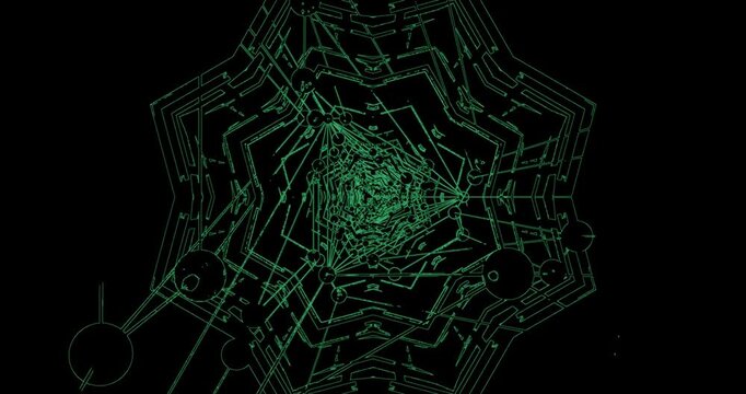 This visual features a neon tunnel with intricate patterns moving in a continuous loop. The design includes bright green lines forming a geometric structure.
