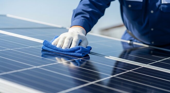 Worker cleaning solar panels with a blue cloth for optimal energy production.