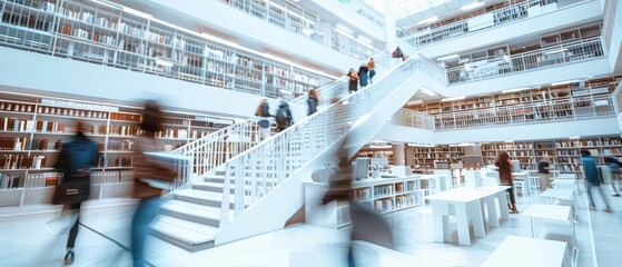 Wide angle view of people moving inside a modern public library, showing open interior, bookshelves, learning environment and everyday public activity.