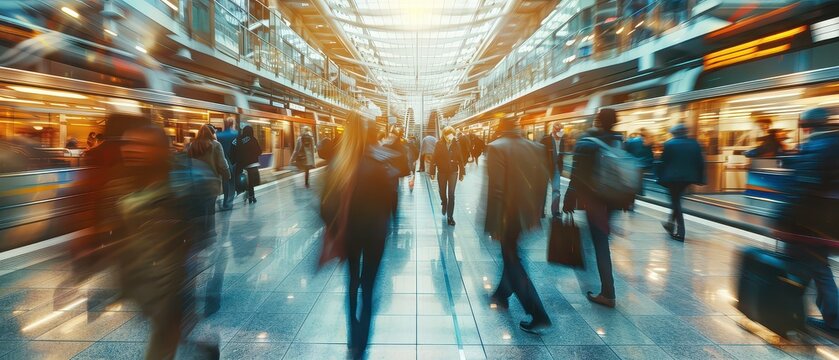 Wide angle view of commuters moving through a modern train station with motion blur, showing urban transport flow, daily travel routine and fast paced city life.