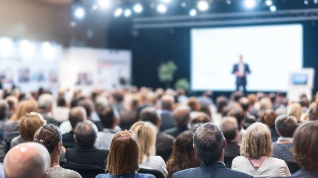 Audience watching male speaker on stage at a large conference or seminar. Business presentation event for professional networking and education.
