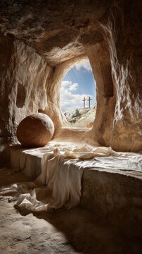 Empty rock burial chamber interior with folded white linens and rolled-away stone, three crosses at cave entrance on Easter morning
