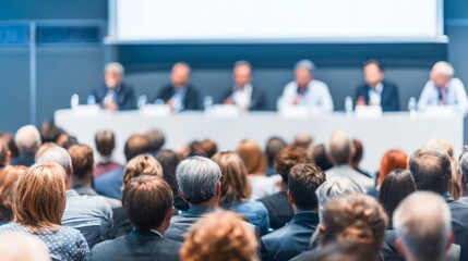 Obraz premium People listening to speakers at a business conference with blurred men on stage. Education forum and corporate training event.