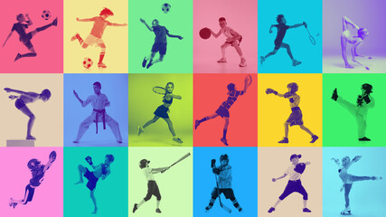 Bright duotone kids sports composition in colorful grid layout with expressive studio action poses....