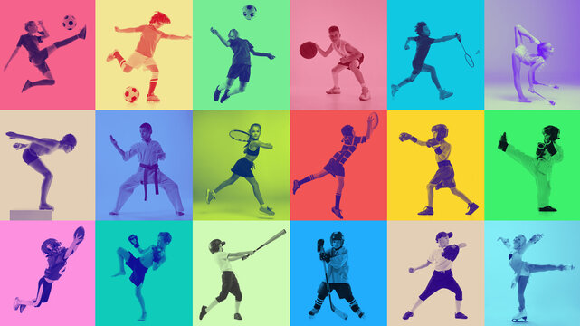 Bright duotone kids sports composition in colorful grid layout with expressive studio action poses. Concept of active youth lifestyle, multi sport training and modern children fitness branding.