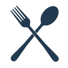Crossed spoon and fork cutlery icon (silhouette, restaurant logo, navy blue, flat design)