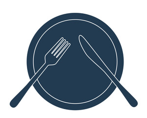 "Still eating" etiquette sign icon with plate and cutlery (silhouette, navy blue, restaurant, manner)