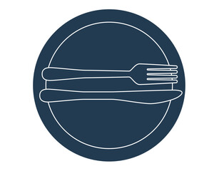 "Finished eating" etiquette sign icon with plate and cutlery (silhouette, navy blue, restaurant, manner)