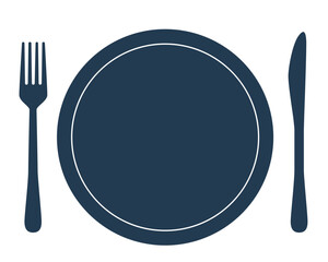 Table setting icon with plate and cutlery (silhouette, navy blue, restaurant, dining)