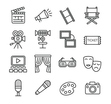 Collection of black and white line icons representing various elements of performing arts