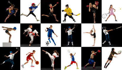 Kids sport action collage isolated on black and white studio backgrounds with dynamic movement and strong poses. Concept of youth athletic training, competitive spirit and active childhood development
