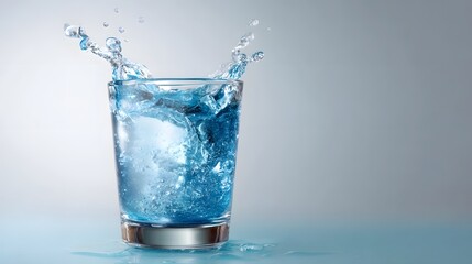 Dynamic splash of refreshing blue water captured in a clear glass evoking a sense of vitality and purity against a soft gradient background