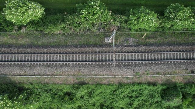 Railway track with gravel ballast and evenly spaced sleeper crossing a narrow green corridor with shrub and tree canopy, showing infrastructure geometry and linear pattern in rural landscape, top down