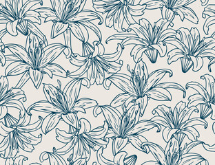 Fototapeta premium Line Art Lily Flowers Seamless Patterns for Surface Design, Fabric, Textiles, Clothing, Wallpaper, Wrapping Paper, Home Décor. Vector Hand Drawn Linear Botanical Background.