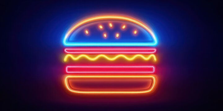 Glowing Neon Hamburger Sign with Vibrant Orange Blue and Pink Light Lines Retro Fast Food Night Street Aesthetic Midnight Diner Glow Hamburger Day