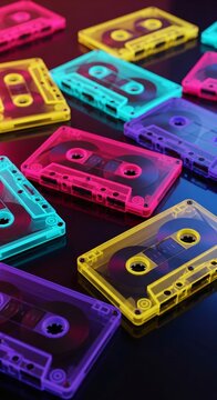 Colorful Vintage Cassette Tapes on Dark Background for Retro Music and 80s Nostalgia Design Concepts
