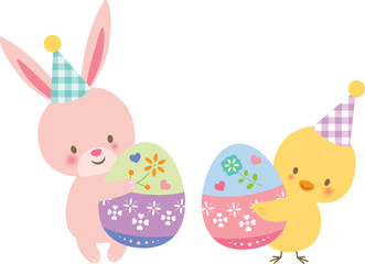 イースターエッグを持ったうさぎとひよこ © imoan