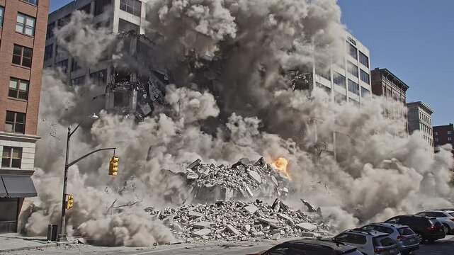 Building Demolition Explosion Destruction Urban Scene.