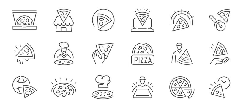 Pizza pizzeria line icons set. Delivery, restaurant and fast food vector collection symbols