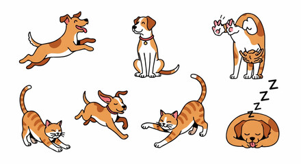 Fototapeta premium Cartoon dog and cat playful poses sleeping running jumping and playing on white background