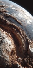 Dramatic close-up of a rugged alien planet surface with a distant, hazy celestial body in the background, evoking a sense of cosmic exploration and geological grandeur.
