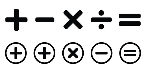 Plus, minus, multiply, divide, and equal sign icon design set, featuring addition, subtraction, multiplication, division, and equality mathematical symbols in vector format.