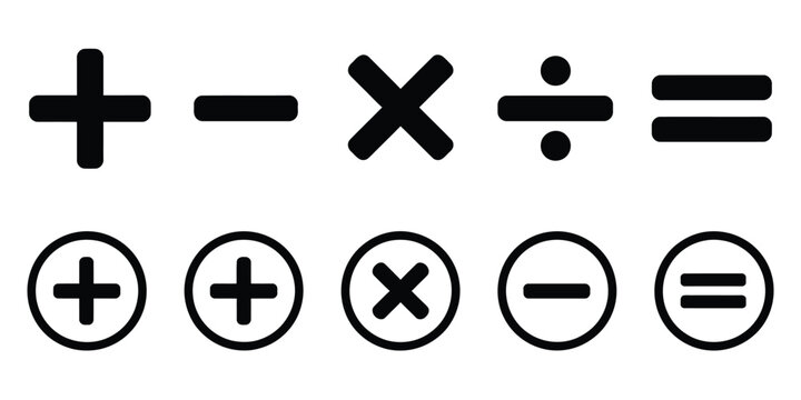 Plus, minus, multiply, divide, and equal sign icon design set, featuring addition, subtraction, multiplication, division, and equality mathematical symbols in vector format.