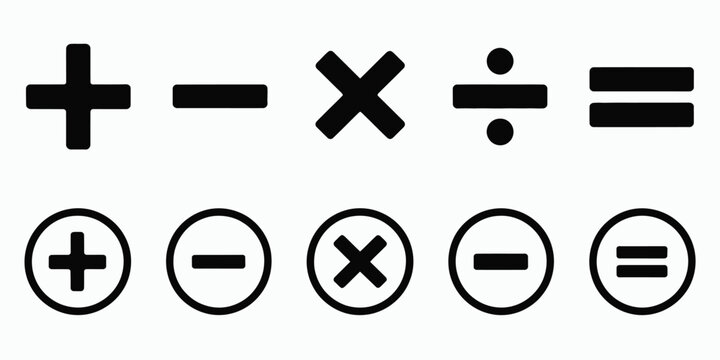 Plus, minus, multiply, divide, and equal sign icon design set, showcasing clean mathematical symbol icons for arithmetic, education, calculators, and digital interface design.