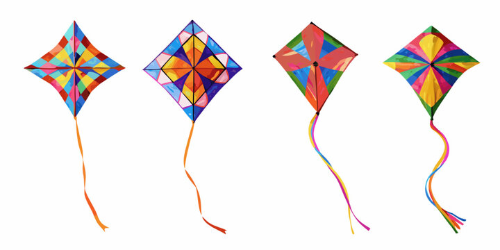 Four colorful diamond kites displayed against a plain white background