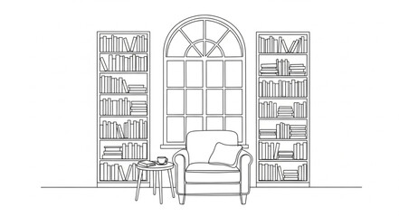 Line Drawing of Library Interior. © restu