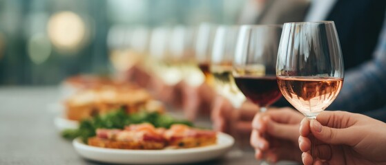 Hands Holding Glasses of Ros&eacute; and Red Wine During Formal Tasting with Bruschetta Elegant Culinary Pairing and Social Gathering Experience Toast to Good Company