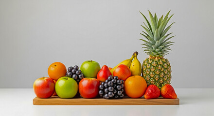 Assorted fresh fruits on wooden cutting board pineapple apples oranges bananas