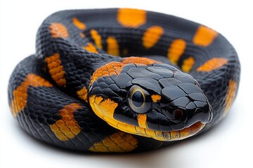 Fototapeta premium Exotic black orange Sea snake curled close up reptile scales shiny dangerous wild tropical animal nature detailed macro photography isolated background
