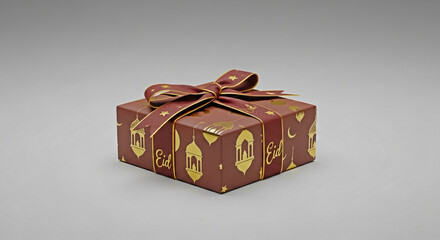 Brown gift box with gold eid decorations and ribbon