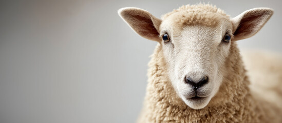 Obraz premium Cute lamb with soft wool and gentle expression isolated on neutral background with copy space banner.
