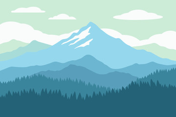 Stylized mountain landscape with layers of blue and green tones