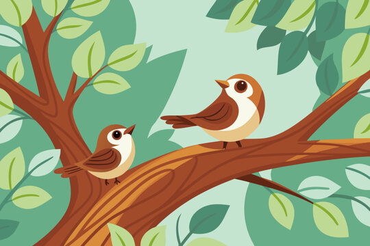 Two cartoon birds perch on a branch amidst lush green foliage