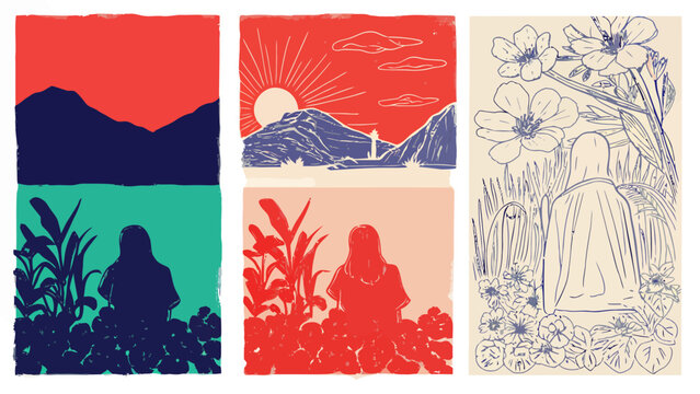 Silhouette of a person in nature, vibrant color blocks, sunset over mountains, moonlit sky, floral elements, solitary moment, calm, solitude, abstract landscape, artistic