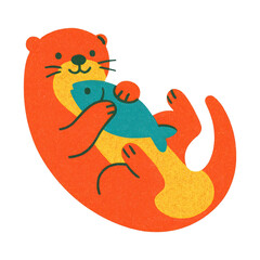 PNG Playful otter hugging fish illustration.